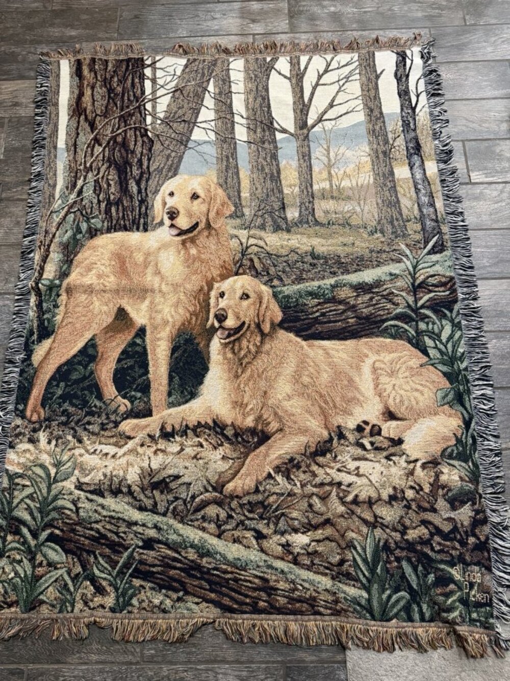 Golden Retriever Dog Tapestry Blanket Linda Picken Artist Fringe Throw 53x70"